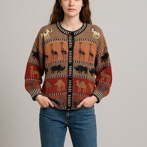 Vintage 90s 20 Ans Marisa Christina Safari Animal Knit Cardigan Sweater M